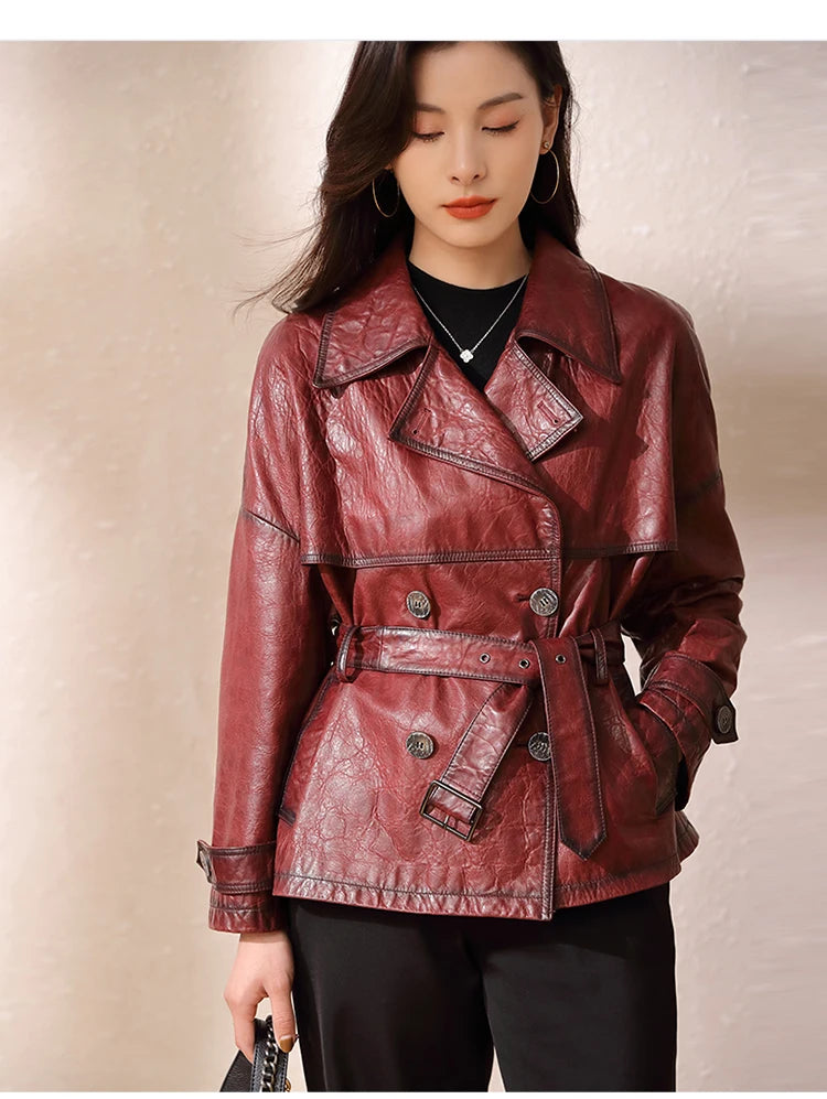 Roupas Femininas Autumn Women Suit Collar Lace-up Waist Oil Wax Sheepskin Gabardina Mujer Vintage Red Short Leather Trench Coat