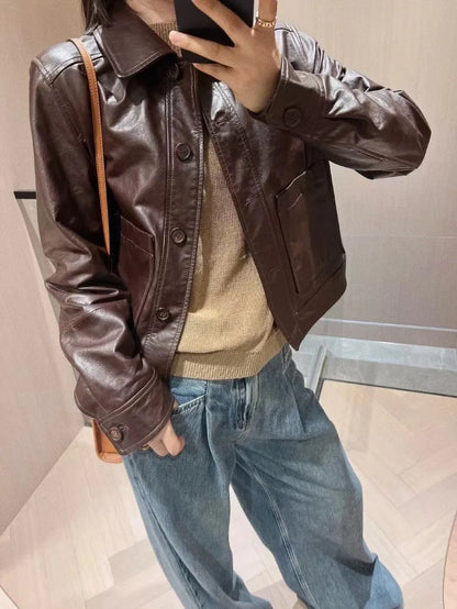 British Style Lapel Genuine Leather Jackets for Women Fashion Single-breasted Pockets Female Brown Casual Short Sheepskin Jacket