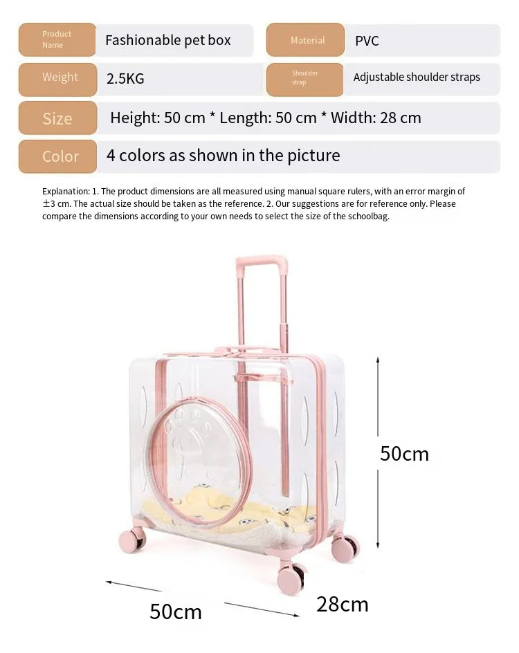 Pet Pull-Along Cart Cat Carrier, Large Capacity for Two Cats, Transparent Travel Trolley for Medium Dogs, Outdoor Pet Luggage