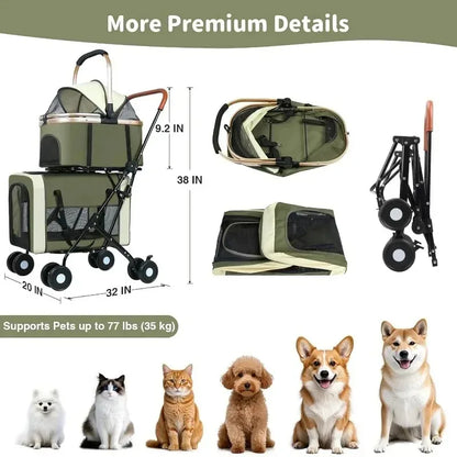 Travel Stroller Foldable Double Detachable Portable Carrier Pet Stroller for 2 Small Medium Dogs Cats Stroller Pet Supplies
