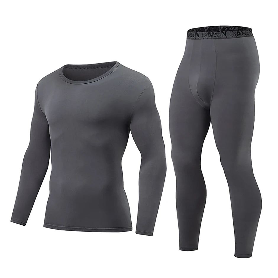 2-piece Men's Autumn And Winter Solid Color Round Neck Fashionable Printed Sports Thermal Underwear Set Simple And Comfortable