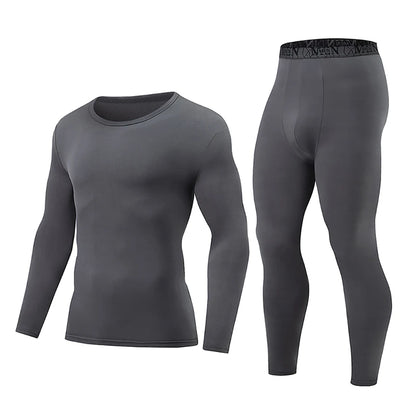 2-piece Men's Autumn And Winter Solid Color Round Neck Fashionable Printed Sports Thermal Underwear Set Simple And Comfortable