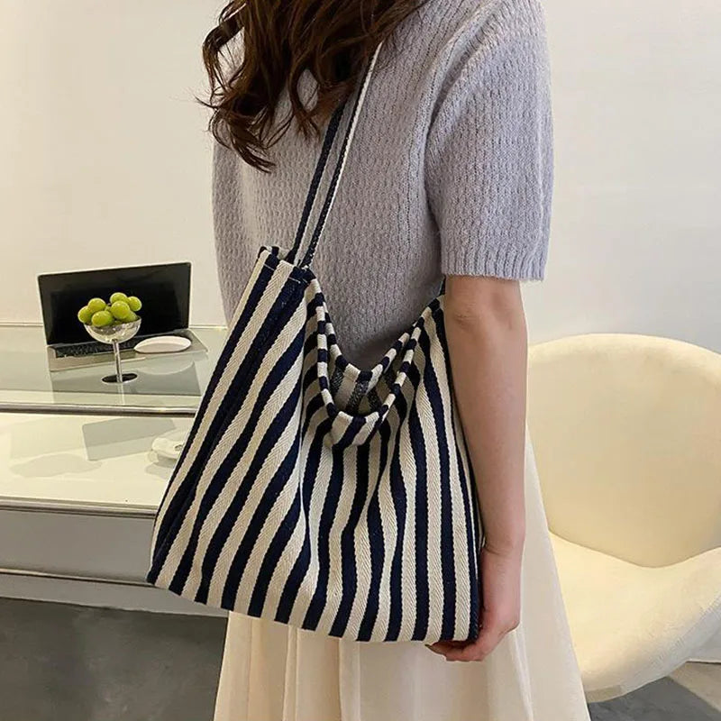 Large Capacity Canvas Women Shopper Tote Simple Striped Shoulder Bag Female Casual Multifunctional Travel Top-handle Handbag