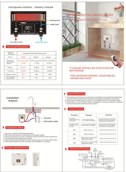 110V 220V Instant Water Heater Kitchen Bathroom Wall Mounted Electric Water Heater Hot Water Shower with LCD Temperature Display