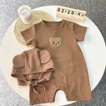 Cotton Romper Gift Hat with Ear New In Summer Kids Baby Girls Boys Short Sleeve Waffle Patch Bear Infant Newborn Jumpsuits