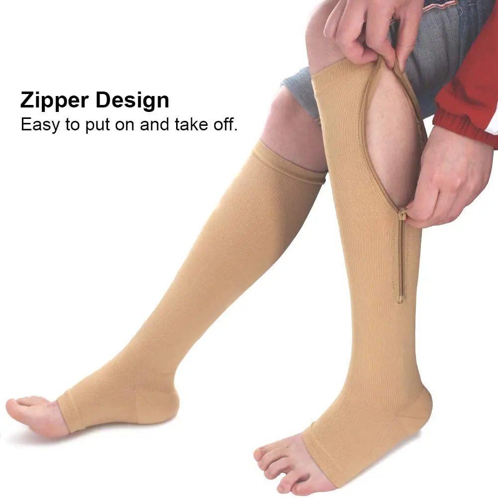 Compression Socks Men Women Support Knee Zipper Female Open Toe Thin Anti Fatigue Stretchy Sox High Socks Unisex