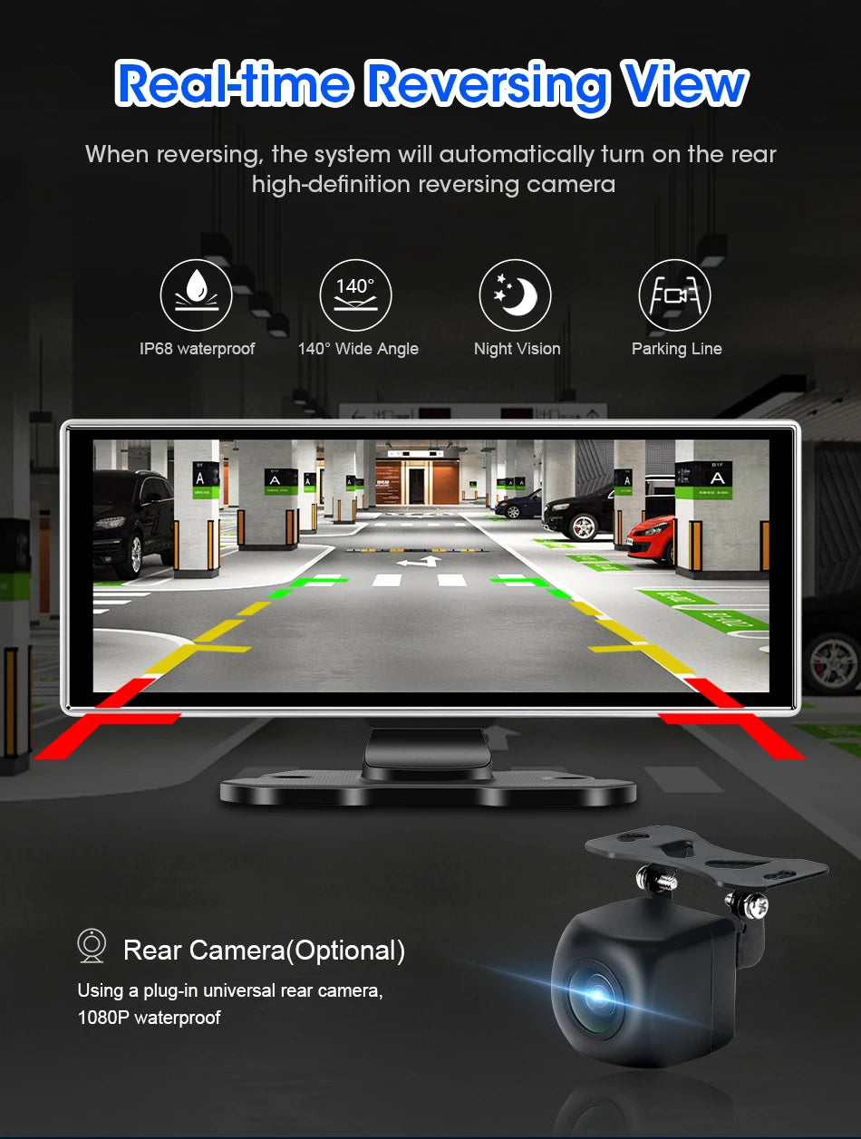 Srnubi 11.26 Inch 4K Dash Cam Wireless CarPlay & Android Auto Portable Car DVR Intelligent Systems Video Recorder GPS Navigation