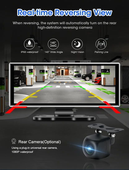 Srnubi 11.26 Inch 4K Dash Cam Wireless CarPlay & Android Auto Portable Car DVR Intelligent Systems Video Recorder GPS Navigation