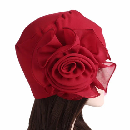 Fashion Women Big Flower Turban Hat Solid Color Elastic Cloth Head Cap Muslim Head Wraps Caps Lady Bandana Hair Accessories