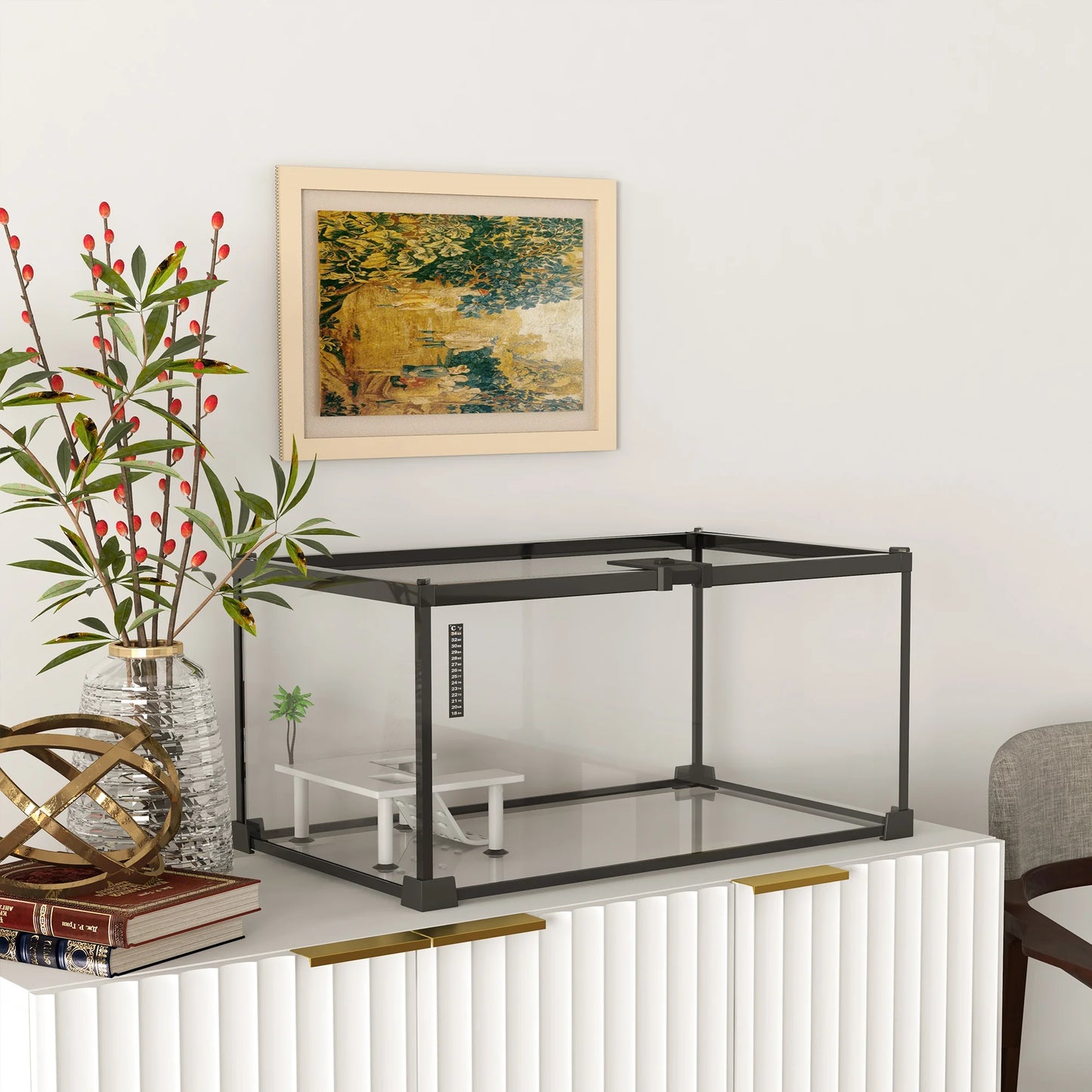 Reptile box, reptile breeding box, transparent terrarium habitat, sliding lid, metal trellis
