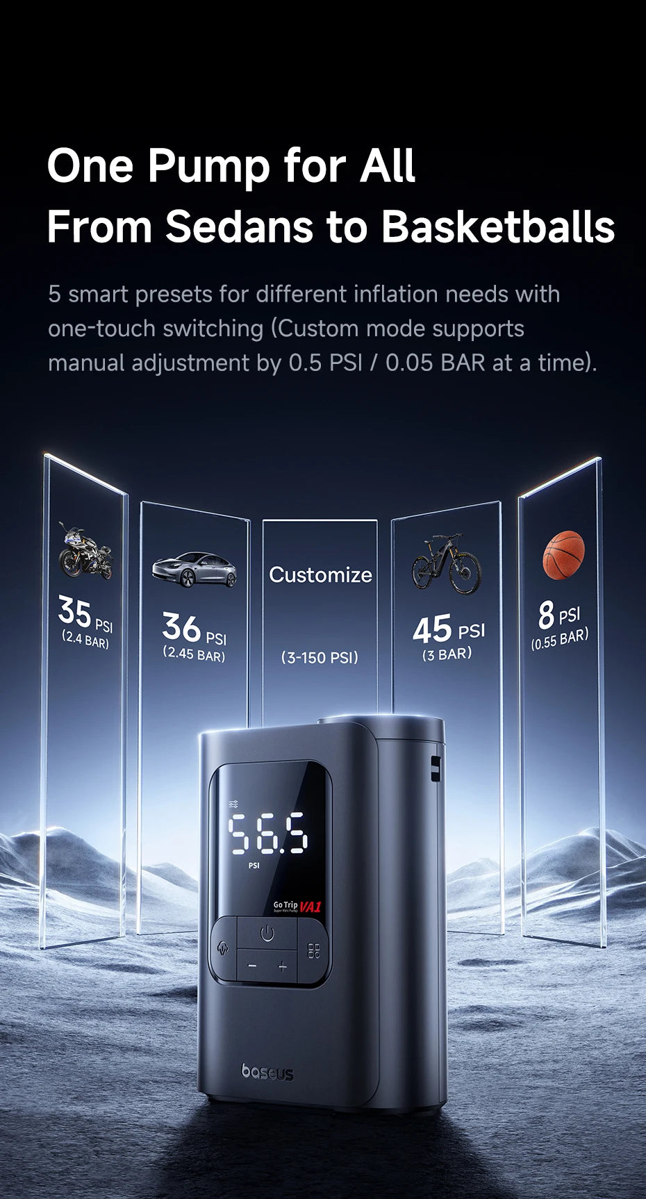 Baseus Wireless Car Air Pump Portable Air Compressor for Car Motorcycles Bicycle Electric Tire Inflator with LCD Digital Display