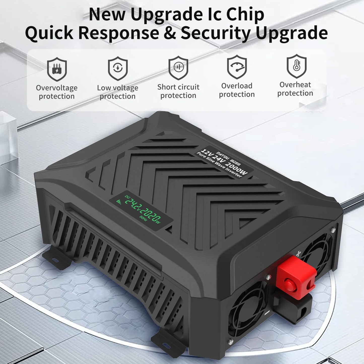 DATOUBOSS 2000W Pure Sine Wave Inverter DC12V-24V Auto Switching Portable Dual Voltage Car Inverter for RV Off-Grid Solar System