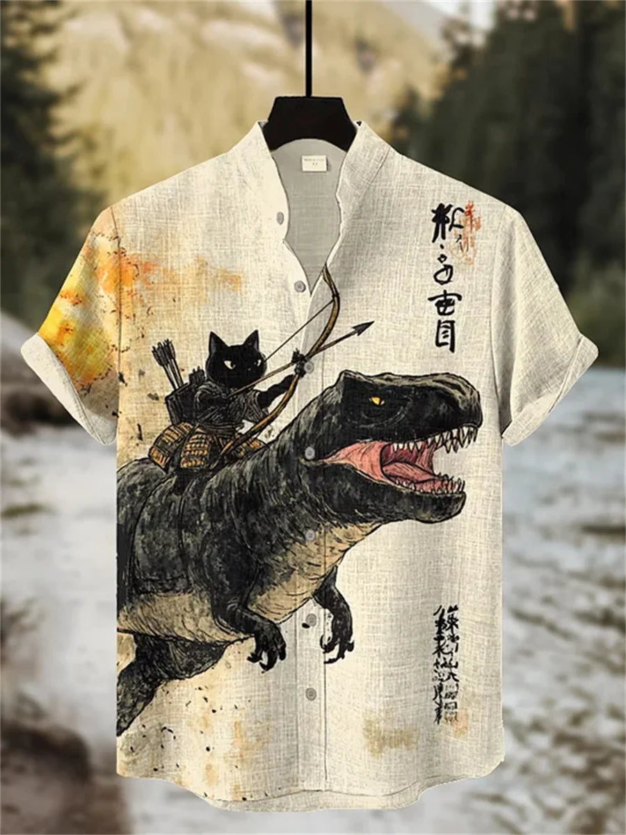 Men's short-sleeved shirt with cat and dinosaur print, casual and stylish vacation-style men's top, fashionable Hawaiian design.