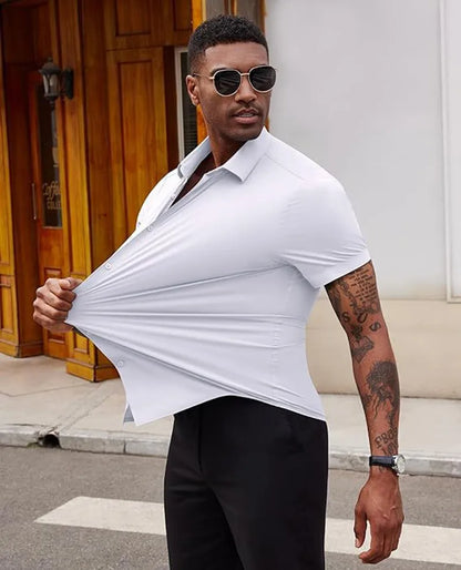 High Quality Summer Business Shirts For Men Short Sleeve Button Wrinkle Free Elasticity Social Black Office Dress Shirts US Size