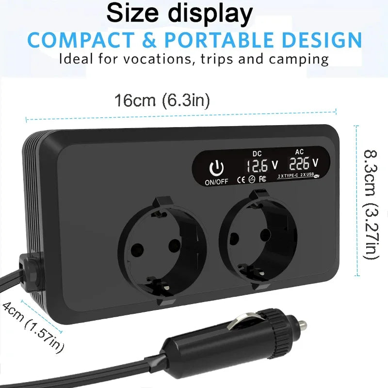 200W Car Power Inverter 12V DC To 220V AC With Dual EU Outlets, Dual USB, Dual Type-C Ports, LCD Display