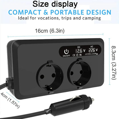 200W Car Power Inverter 12V DC To 220V AC With Dual EU Outlets, Dual USB, Dual Type-C Ports, LCD Display