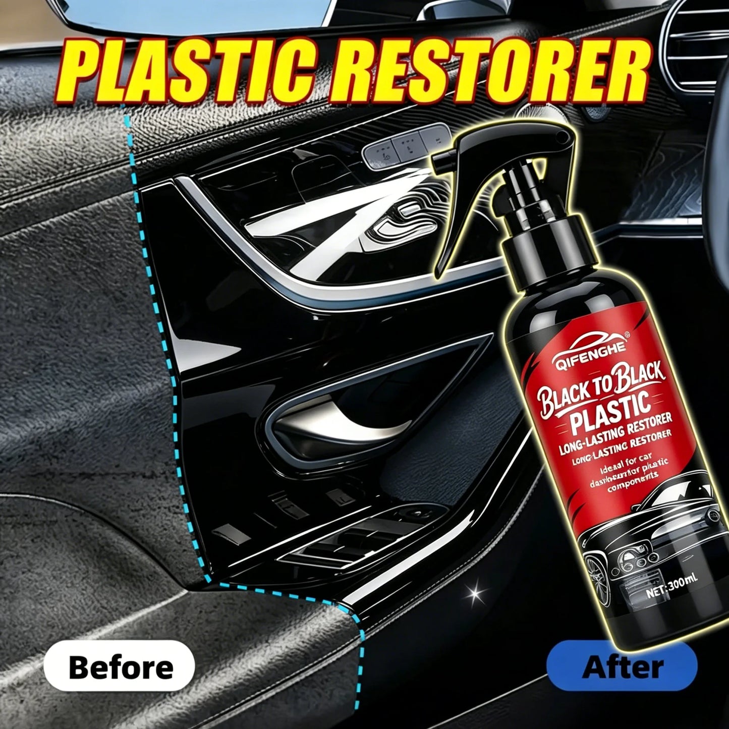 Car Plastic Restorer BLACK TO BLACK Long-Lasting Deep Black Repair Wax Coating for Dashboard, Interior Trim & All Auto Plastic P