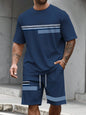Casual Stripe Printed T-shirt Shorts Set Large Size Loose Men's Short Sleeve Tee Elastic Waist Shorts 2-piece Set Sports Clothes