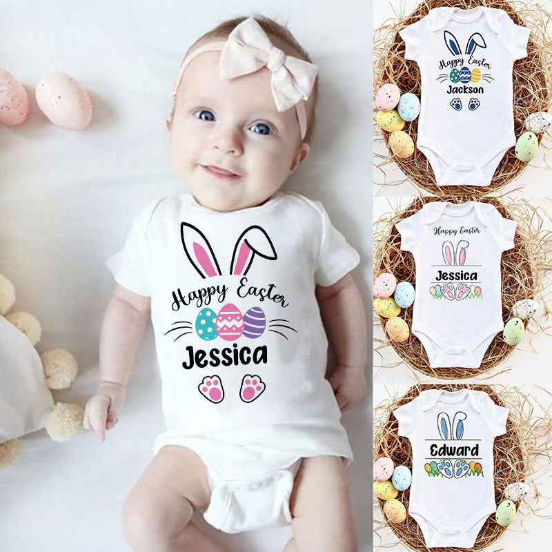 Custom Name Baby Easter Bodysuits Personalised Bunny Newborn Clothes Boys Girls Long Sleeve Jumpsuit Easter Party Infant Outfits