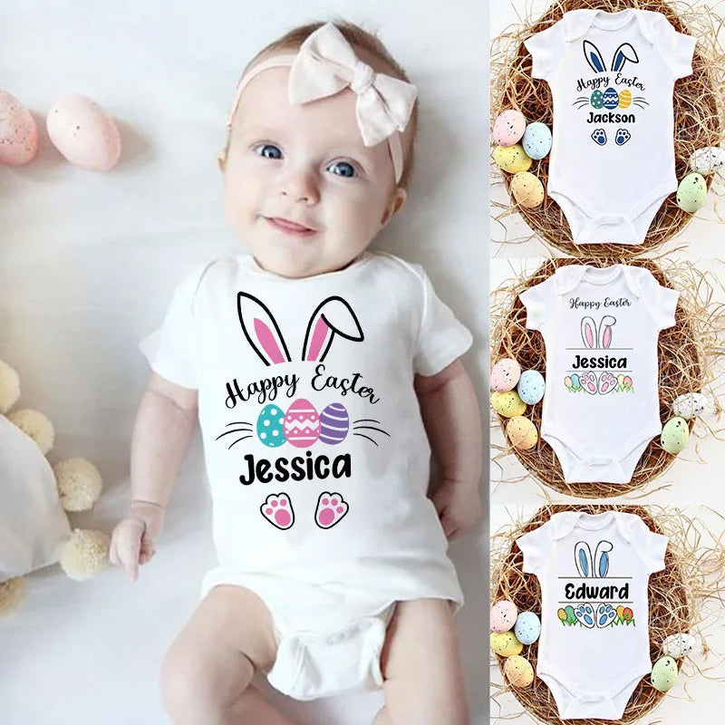Custom Name Baby Easter Bodysuits Personalised Bunny Newborn Clothes Boys Girls Long Sleeve Jumpsuit Easter Party Infant Outfits