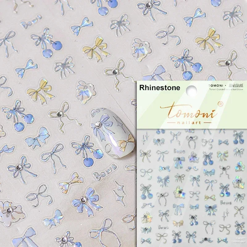 1pcs 5D Diamond Japanese White Lace Bow Nail Art Stickers Pearl Rhinestones Nail Decoration Adhesive Decals Slider DIY Accessory