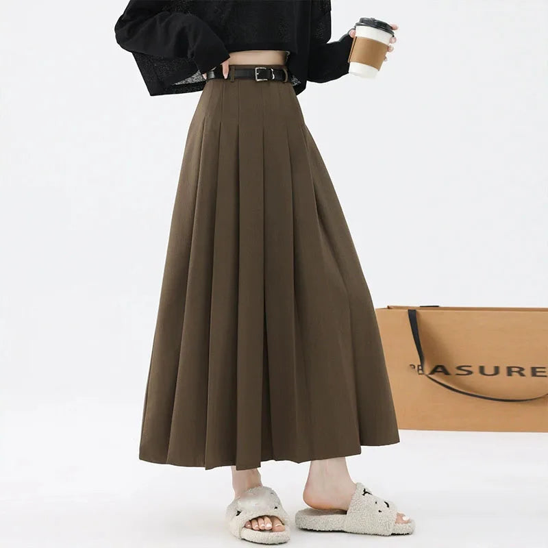 2026 New Women's Pleated Maxi Skirts Autumn High Waisted Zipper Jk Long Skirt Woman Elegant Loose Design Big Swing A-Line Skirts