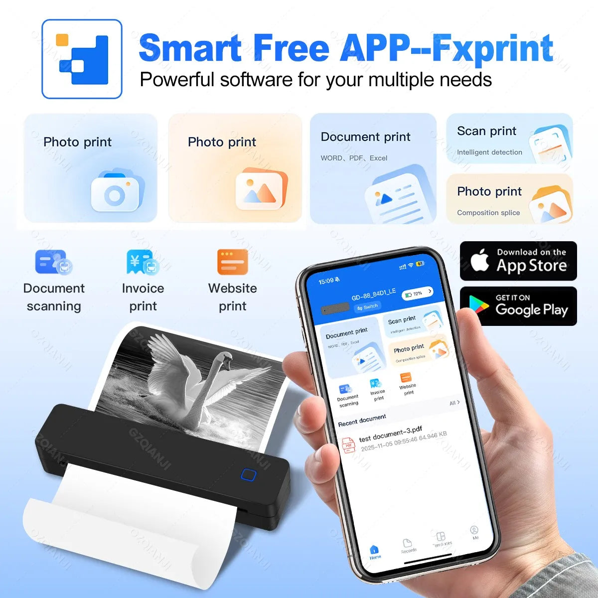 Mini Portable A4 Thermal Printer Bluetooth-compatible Photo PDF Printing Machine Folded Rolls Paper for Office Home Travel
