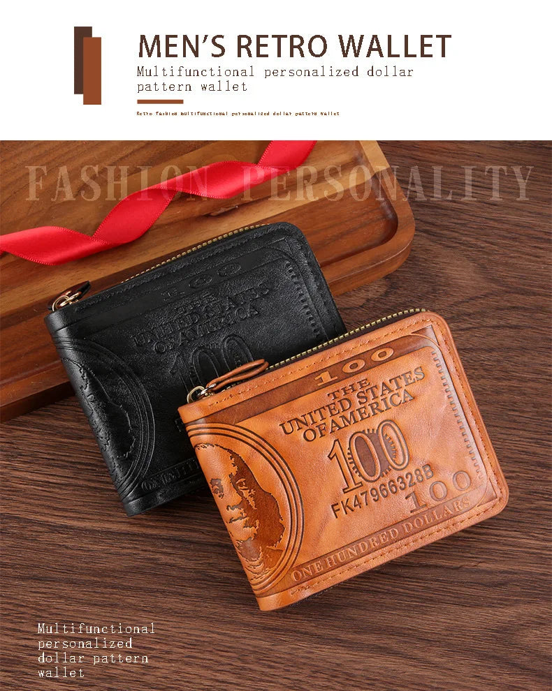Men Wallet with Zipper 100 US Dollar Pattern Card Holder Coin Pocket Purse Cartera Hombre Carteras