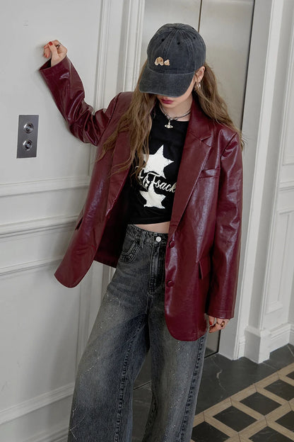 ELFSACK Women's Faux Leather Blazer Oversized Wine Red Long Sleeve Casual Office Wear Jacket Fashion Streetwear Coat