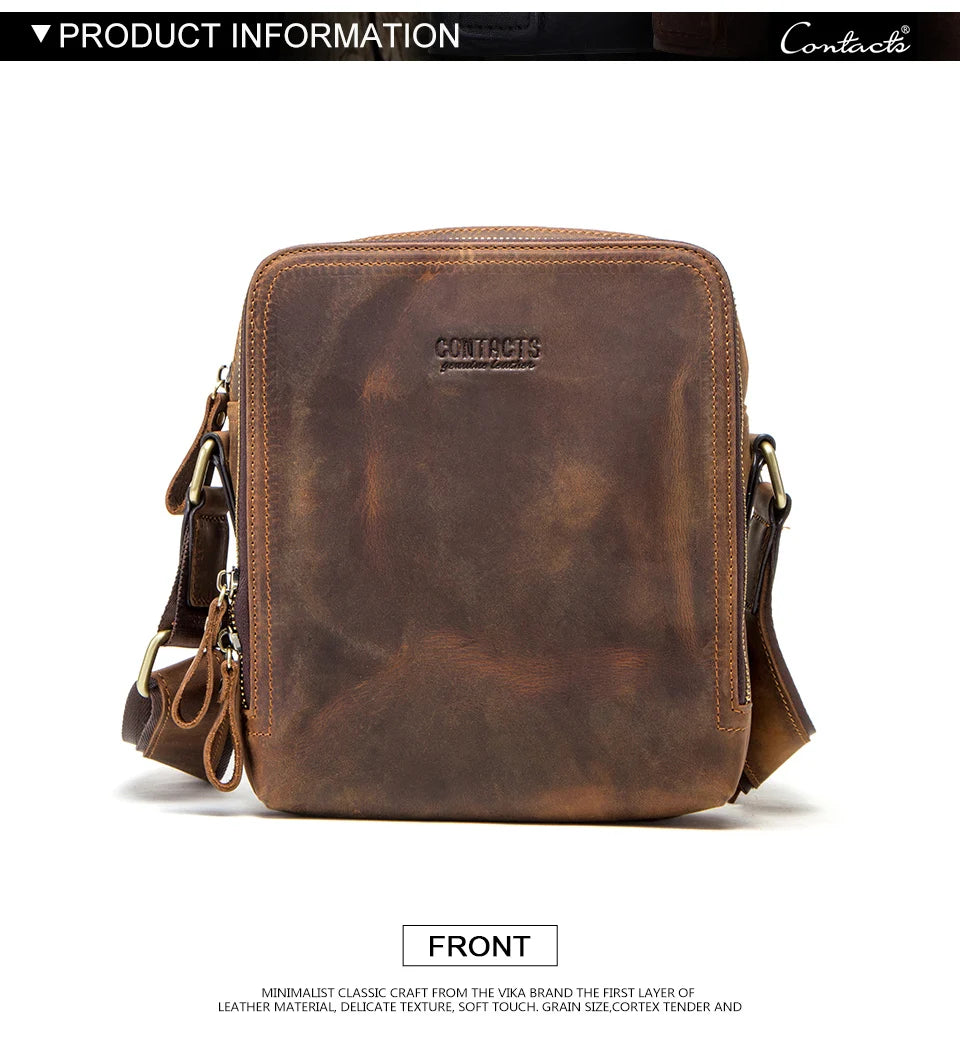 CONTACT'S Genuine Leather Men's Messenger Bag Vintage Sling Shoulder Bags for 7.9" iPad Mini High Quality Male Crossbody Bag Men