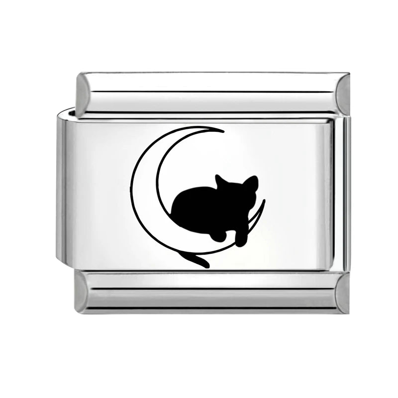 Laser Engraving Cute Cartoon Black Playing Cats Italian Charm Links Fit 9mm Stainless Steel Bracelet Men Women DIY Making Gifts