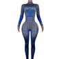 Sparkle Blue Rhinestones Jumpsuit Woman Stretch Leggings Singer Costume Birthday Party Club Stage Outfit Spandex Yatelandisi