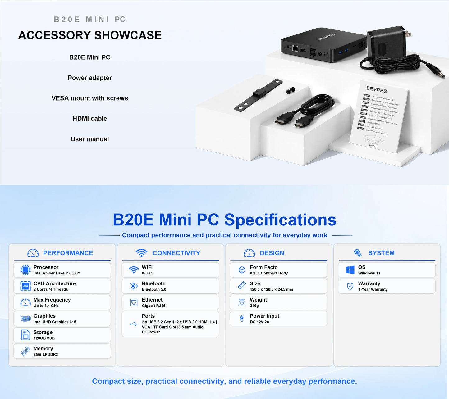ERVPES B20E Mini PC 8GB RAM 128GB SSD Intel 6500Y Windows 11 BT5.0 Apollo Lake Desktop Microcomputer Dual Band Wi-Fi HDMI
