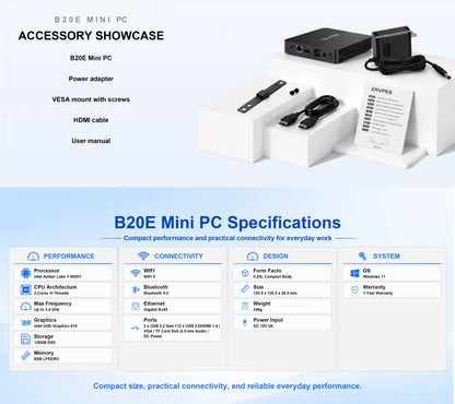 ERVPES B20E Mini PC 8GB RAM 128GB SSD Intel 6500Y Windows 11 BT5.0 Apollo Lake Desktop Microcomputer Dual Band Wi-Fi HDMI