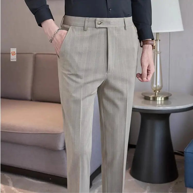 Men Plaid Wedding Dress Trousers High Quality Male Boutique Formal Wear Slim Suits Pants Men British Style Business Suit Pants