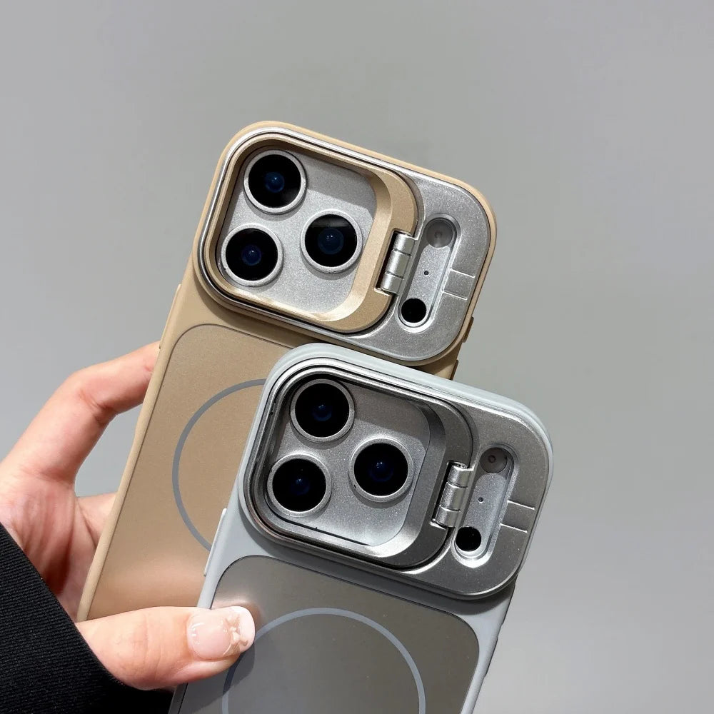 Alloy Lens Camera Holder Cases For iPhone 17 16 15 14 13 12 11 Pro Max For Magsafe  Magnetic Stand Hard PC Wireless Charge Cover
