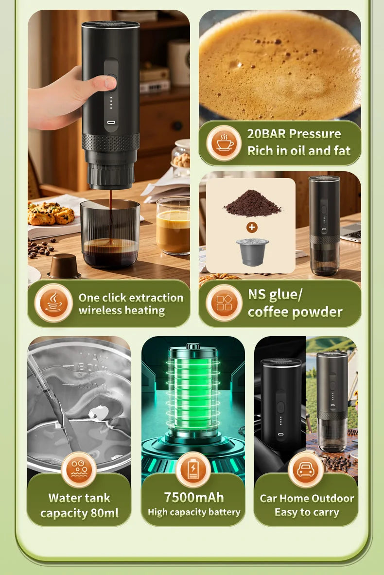 20 Bar Self-Heating Wireless Portable Espresso Maker, One-Click Automatic Extraction Mini Coffee Machine, Multi Capsule Compatible Rechargeable Travel Coffee Maker, Compact Portable Coffee Brewer for Car, Road Trip, Camping,