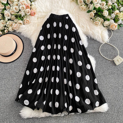2026 Pleated Skirt Elastic Waist Polka Dot Fashion Printed Slim Pleated Skirt Women's Summer New Beach Vacation Mid-length Skirt