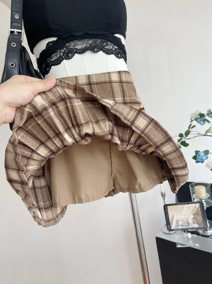 Plaid Pleated Mini Skirt Thick Wool Short Skirt High Waist Box-pleat Miniskirt for Women Teen-girl Preppy Style Outfit