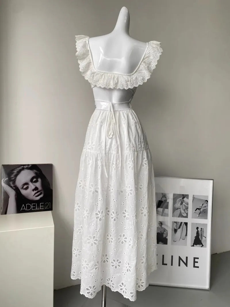 White Embroidered Hollow Out Dress For Women'S Summer Strapless Square Neck With A Unique Open Back Design, Slim Fit Long Skirt