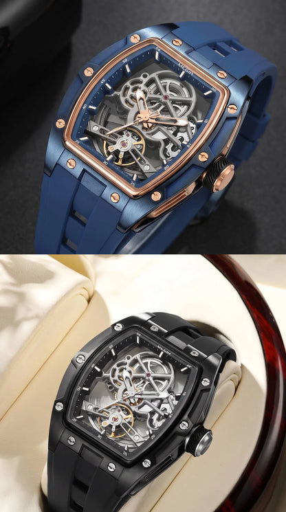 MEGIR Tonneau Skeleton Mechanical Watch Men Sport Wristwatch Silicone Strap Luxury Hollow Dial Male Automatic Mechanical Watches