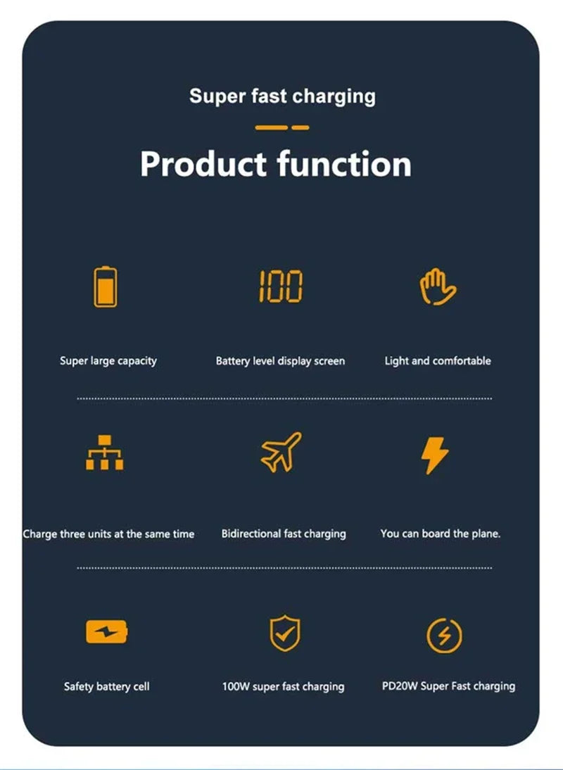 Lenovo 200000mAh Power Bank High Capacity 100W Super Fast Charging Portable External Battery With LED Digital Display For iphone