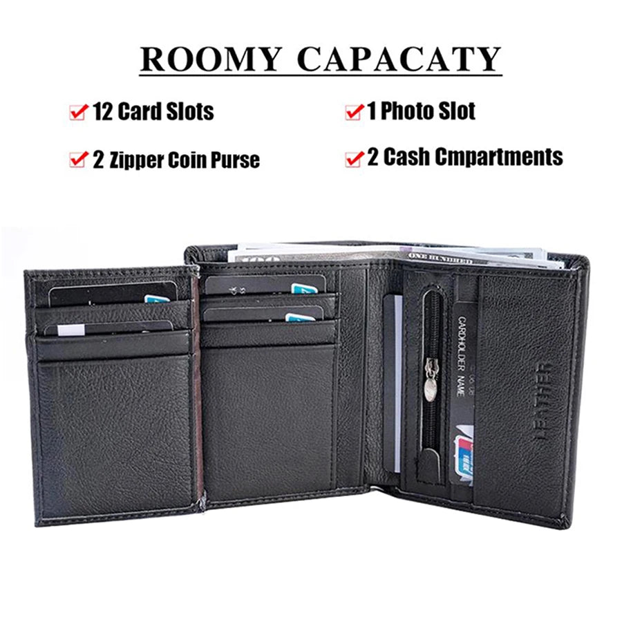 Men Wallet Genuine Leather Wallets for Men Zipper Purse Vertical Business Wallets RFID Anti-Theft Credit Card Holder Money Bag