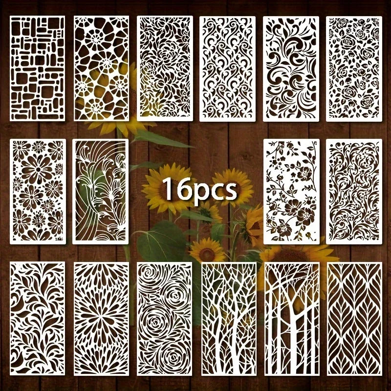 16pcs Geometric Painting Stencils Reusable Plastic Templates for Furniture Walls Floors Glass Windows Indoor Outdoor Decor