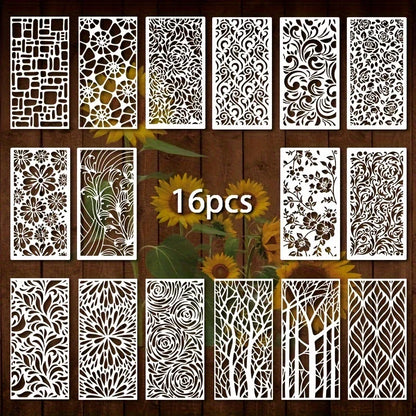 16pcs Geometric Painting Stencils Reusable Plastic Templates for Furniture Walls Floors Glass Windows Indoor Outdoor Decor