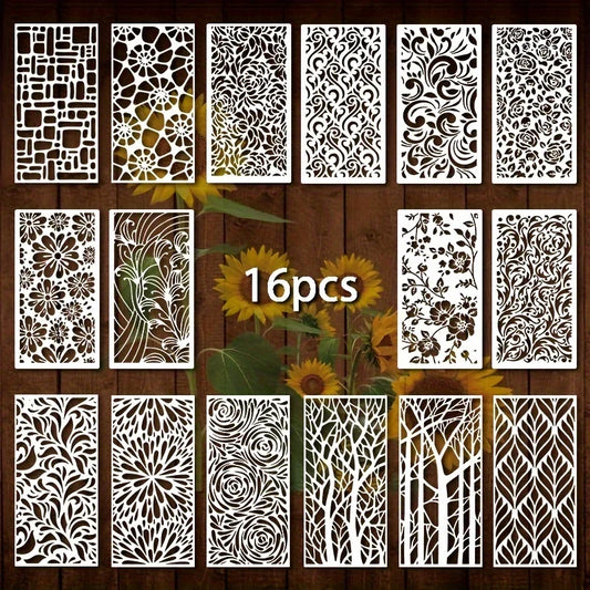 16pcs Geometric Painting Stencils Reusable Plastic Templates for Furniture Walls Floors Glass Windows Indoor Outdoor Decor