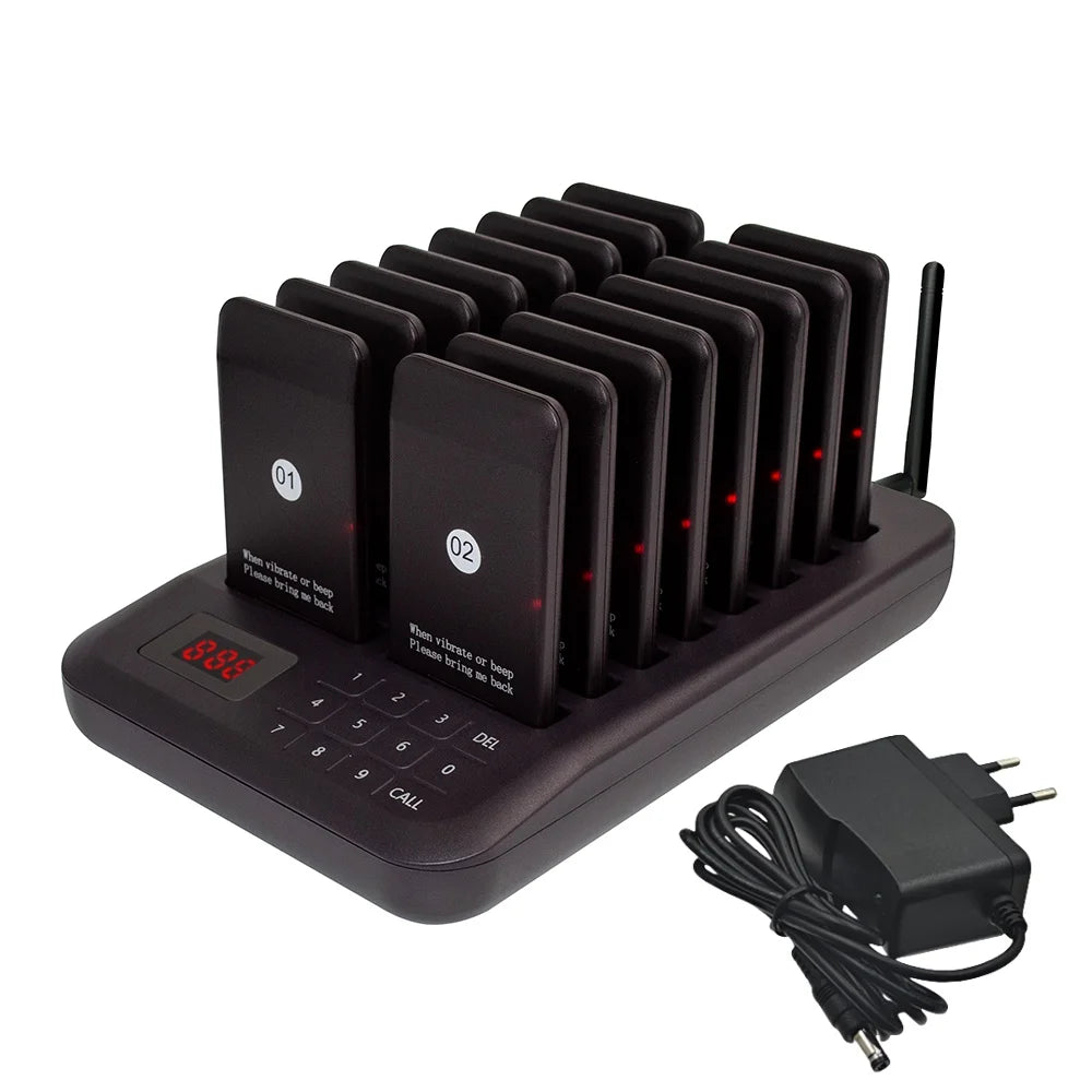 Calling System With 16 Pagers Buzzer Light Vibration 4 Modes Keypad Transmitter Guest Paging Coaster For Restaurant Coffee Shop
