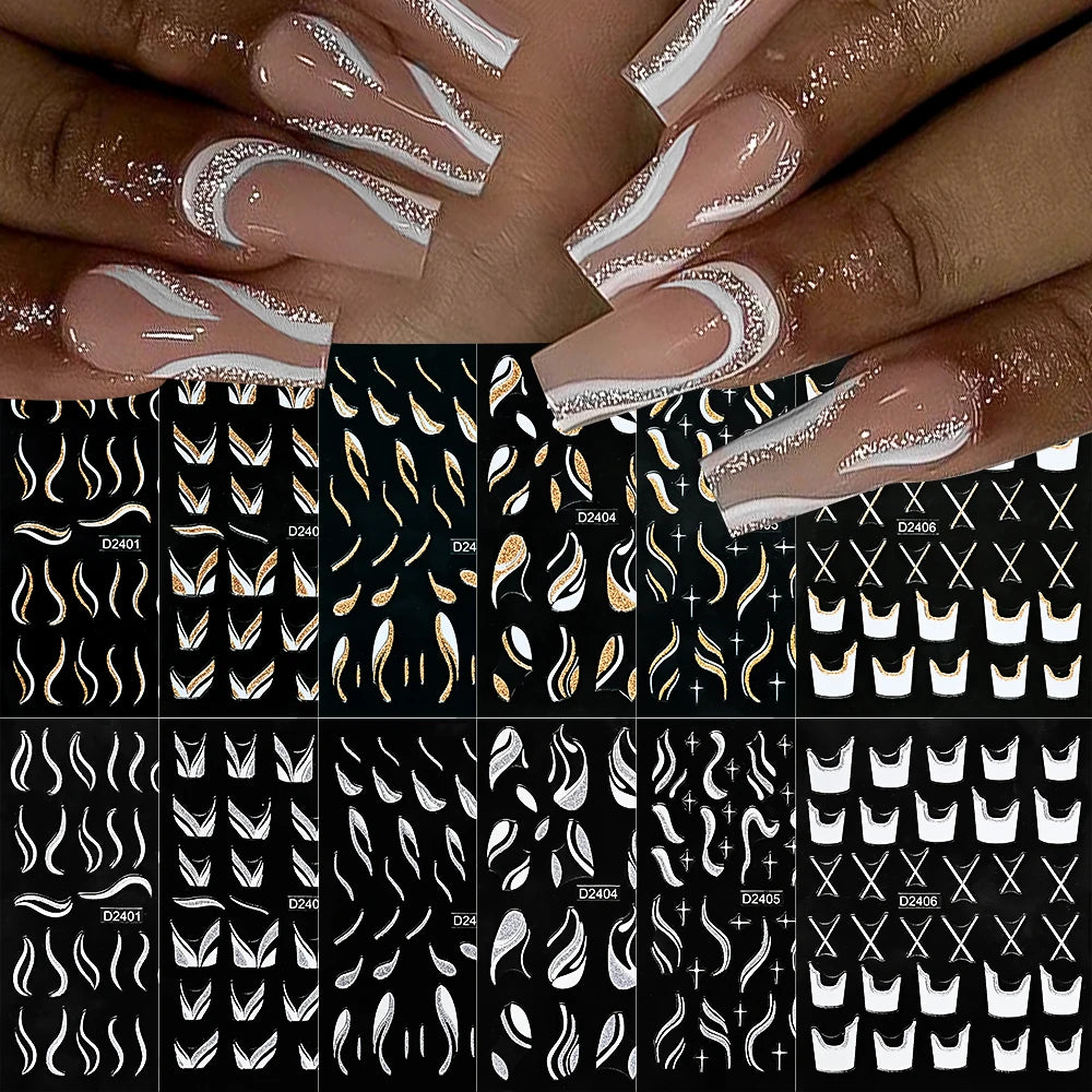 1pcs Gold Glitter French Design Nail Stickers White Silver Curve Lines Stripe Wave Nail Decals Slider Reflective Manicure Wraps