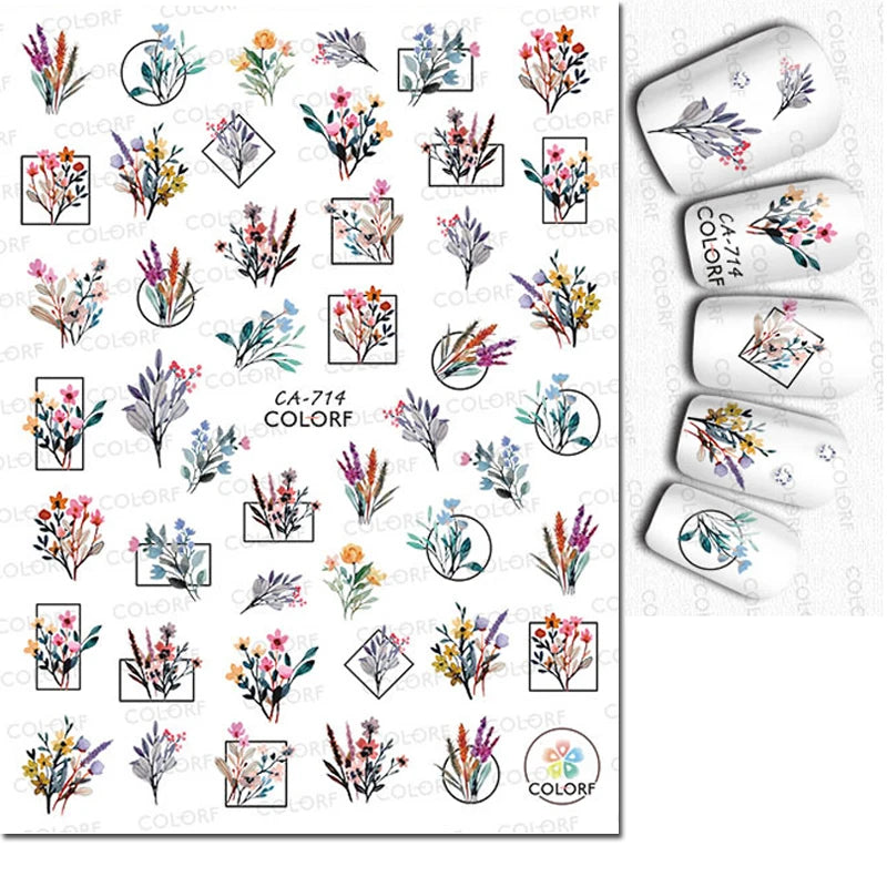 3d Nail Art Decals Watercolor Florals Purple Green Pink Flowers Leafs Fruit Adhesive Sliders Nail Stickers For Manicure