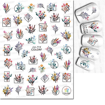 3d Nail Art Decals Watercolor Florals Purple Green Pink Flowers Leafs Fruit Adhesive Sliders Nail Stickers For Manicure